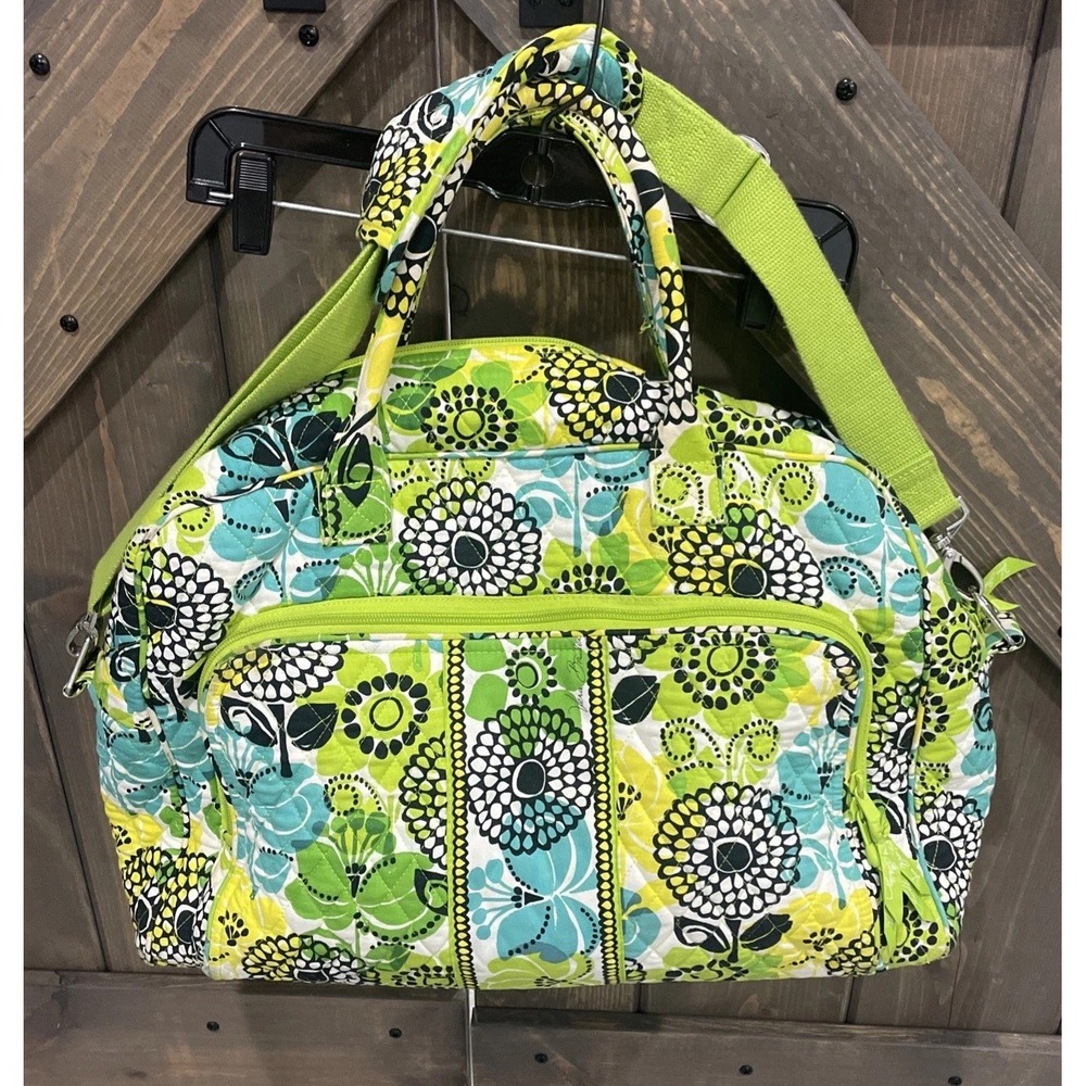 Vera Bradley Grand Traveler in Limes Blue Floral Duffle Tote Bag Double Handle